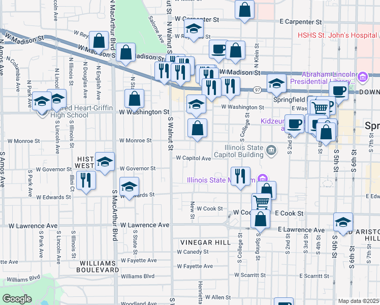 map of restaurants, bars, coffee shops, grocery stores, and more near 624-698 West Monroe Street in Springfield