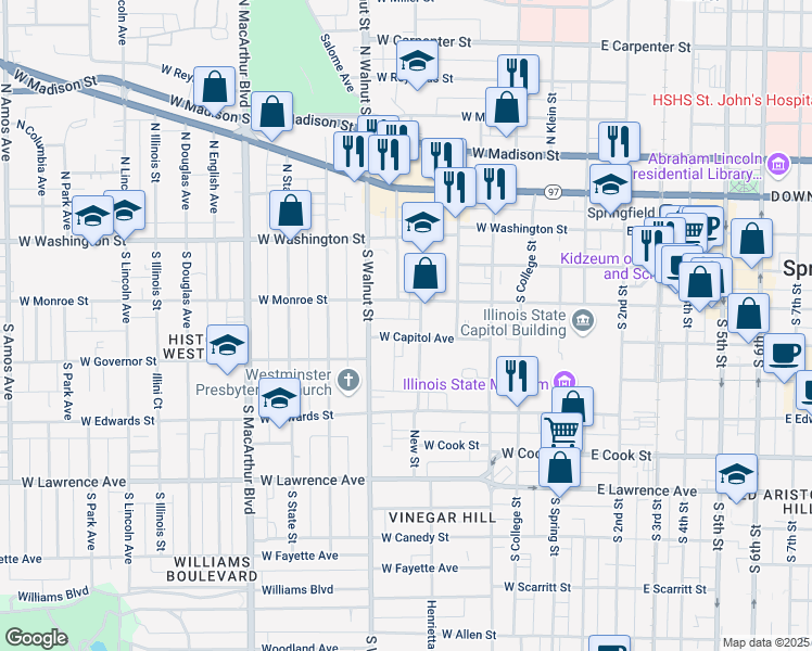 map of restaurants, bars, coffee shops, grocery stores, and more near 624-698 West Monroe Street in Springfield