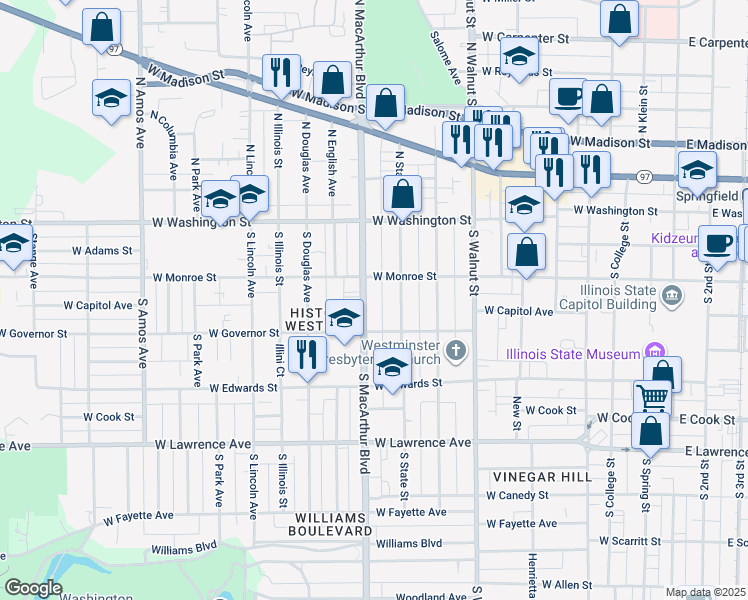 map of restaurants, bars, coffee shops, grocery stores, and more near 301 South State Street in Springfield