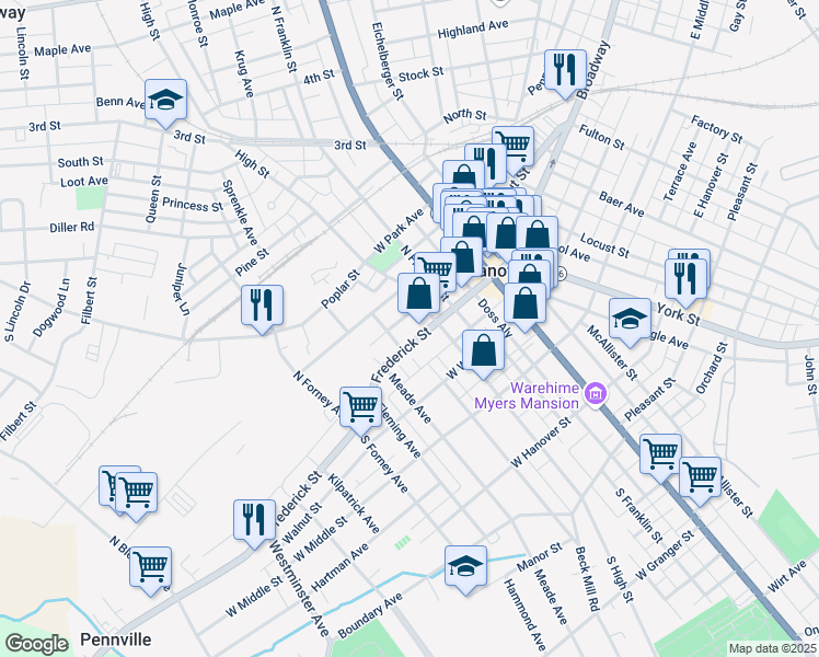 map of restaurants, bars, coffee shops, grocery stores, and more near 221 Frederick Street in Hanover