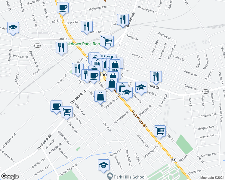 map of restaurants, bars, coffee shops, grocery stores, and more near 117 Baltimore Street in Hanover