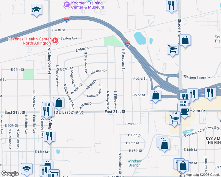 map of restaurants, bars, coffee shops, grocery stores, and more near 2222 North Kitley Avenue in Indianapolis