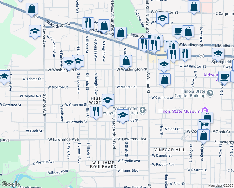 map of restaurants, bars, coffee shops, grocery stores, and more near 301 South State Street in Springfield