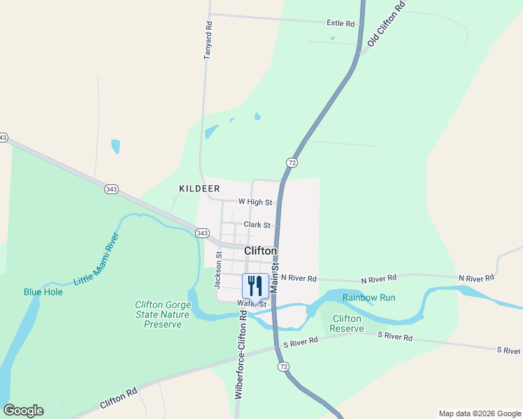 map of restaurants, bars, coffee shops, grocery stores, and more near 88 West High Street in Yellow Springs