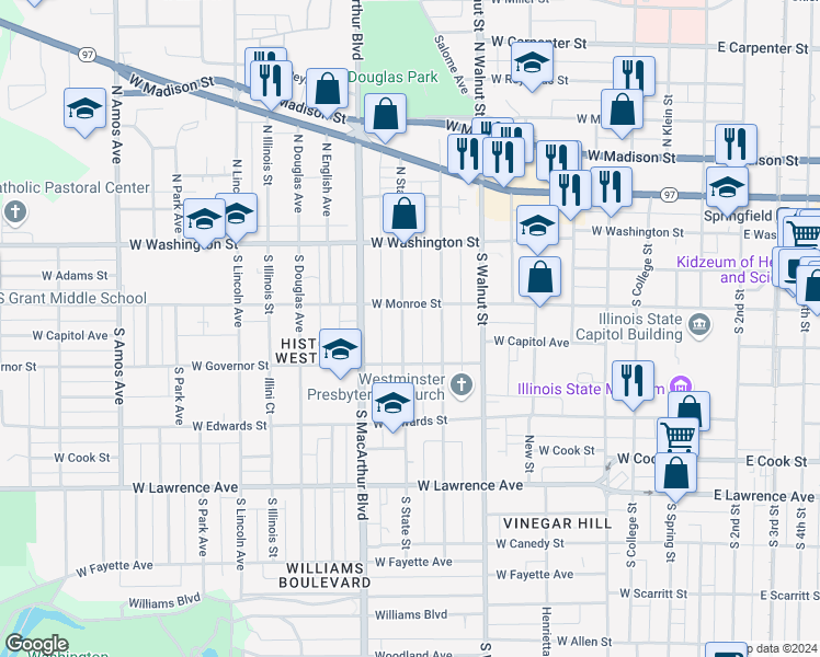 map of restaurants, bars, coffee shops, grocery stores, and more near 322 South State Street in Springfield