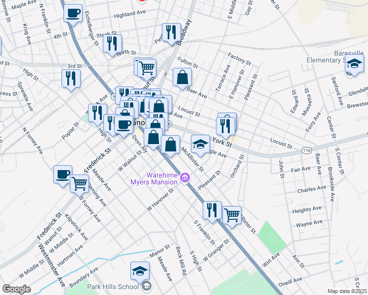 map of restaurants, bars, coffee shops, grocery stores, and more near 14 McAllister Street in Hanover