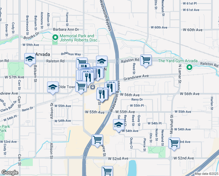 map of restaurants, bars, coffee shops, grocery stores, and more near 7295 West 56th Avenue in Arvada