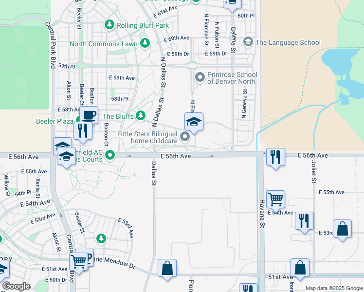 map of restaurants, bars, coffee shops, grocery stores, and more near 9815 East 56th Place in Denver
