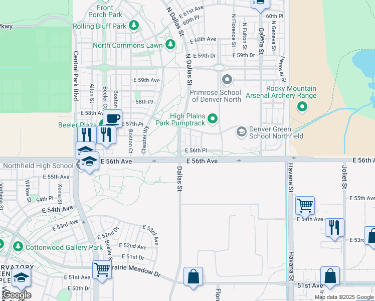 map of restaurants, bars, coffee shops, grocery stores, and more near 5678 Dallas Street in Denver