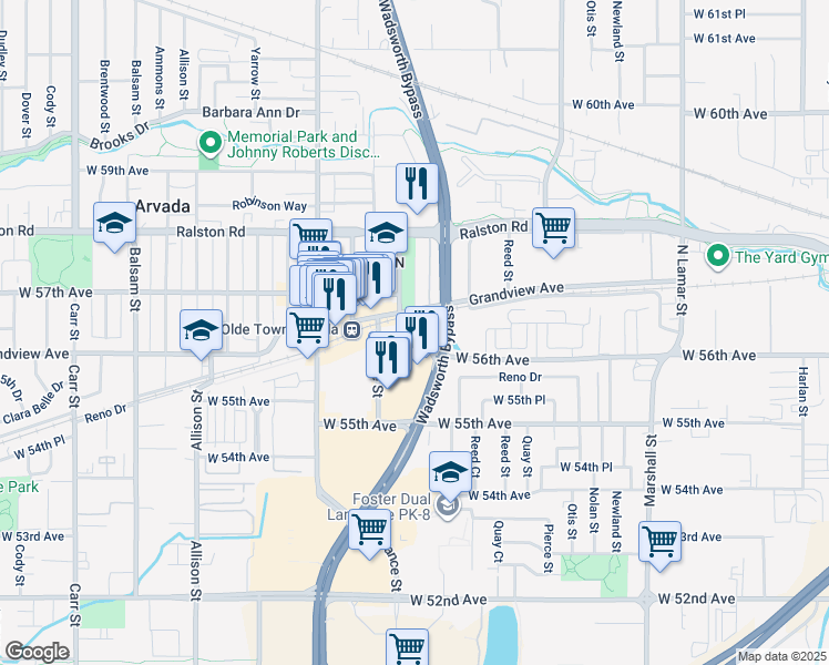 map of restaurants, bars, coffee shops, grocery stores, and more near 7305 Grandview Avenue in Arvada