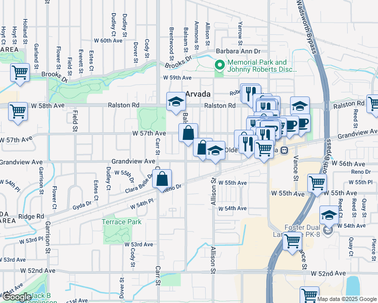 map of restaurants, bars, coffee shops, grocery stores, and more near 5613 Balsam Street in Arvada