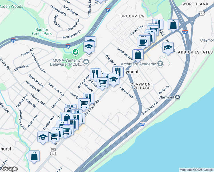 map of restaurants, bars, coffee shops, grocery stores, and more near 101 Commonwealth Avenue in Claymont