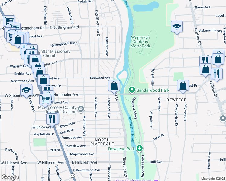map of restaurants, bars, coffee shops, grocery stores, and more near 448 Sandhurst Drive in Dayton