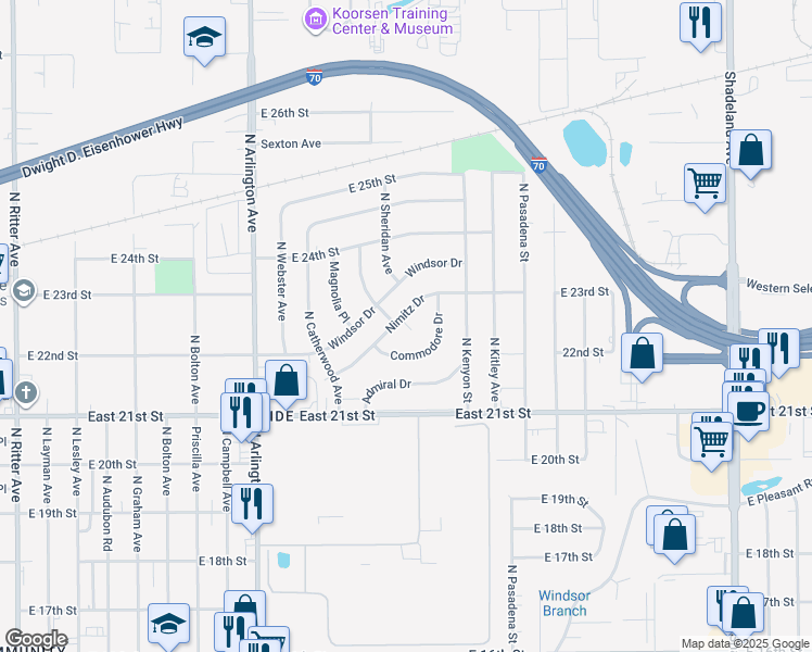 map of restaurants, bars, coffee shops, grocery stores, and more near 6189 Nimitz Drive in Indianapolis