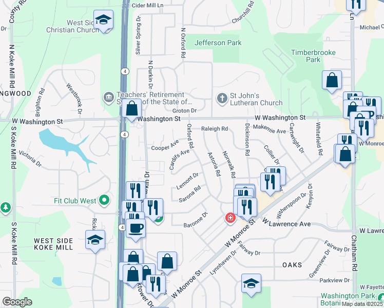 map of restaurants, bars, coffee shops, grocery stores, and more near 200-216 Oxford Rd in Springfield