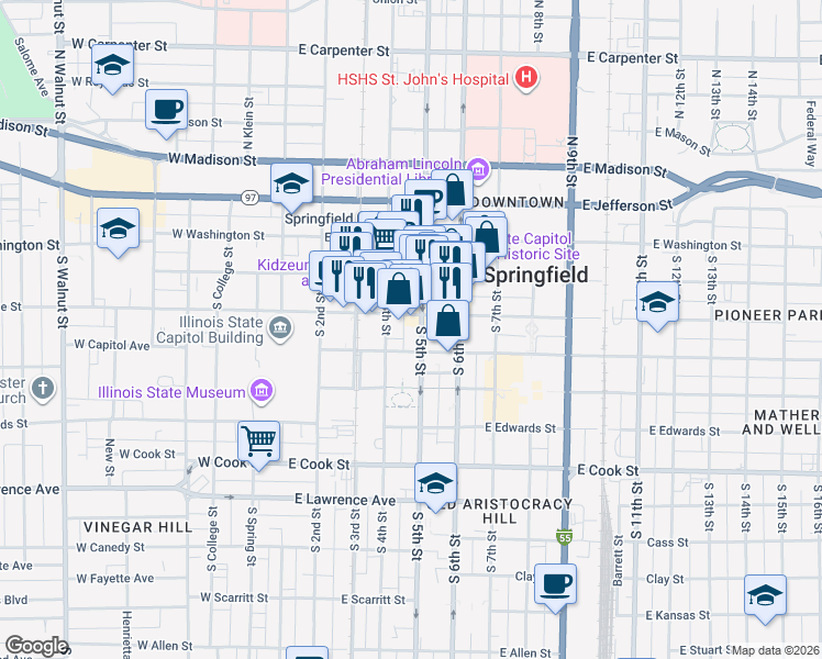 map of restaurants, bars, coffee shops, grocery stores, and more near in Springfield