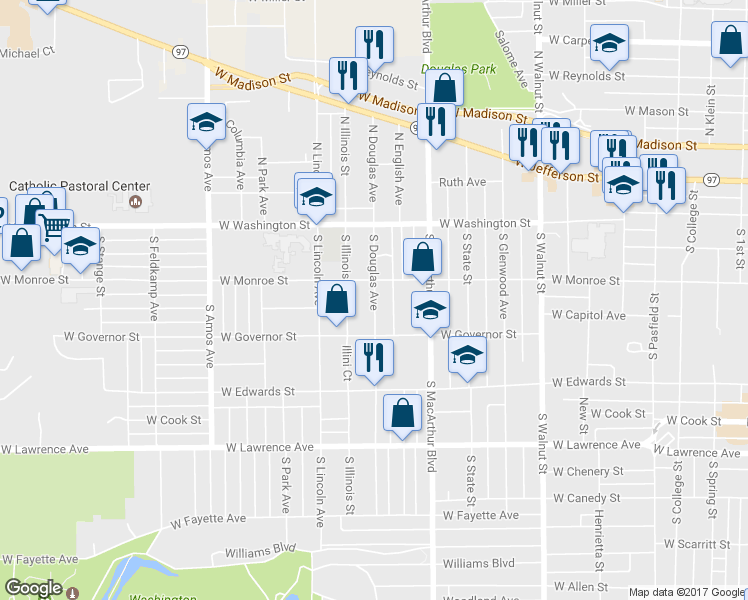 map of restaurants, bars, coffee shops, grocery stores, and more near 327 South Douglas Avenue in Springfield