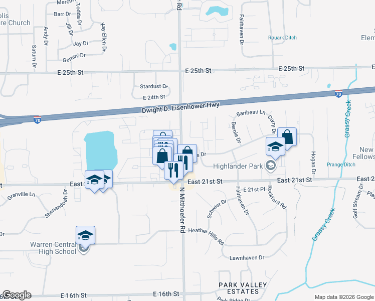 map of restaurants, bars, coffee shops, grocery stores, and more near 10019 Hawkins Court in Indianapolis