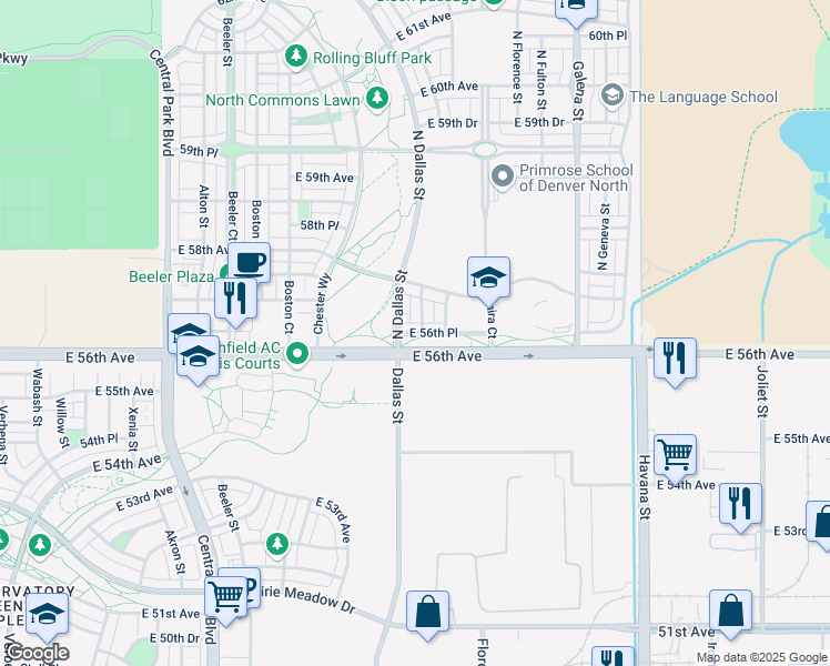 map of restaurants, bars, coffee shops, grocery stores, and more near 9677 East 56th Place in Denver