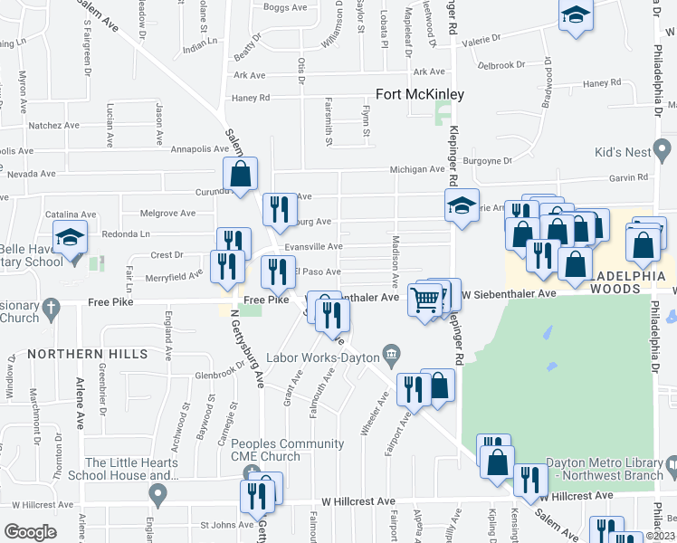 map of restaurants, bars, coffee shops, grocery stores, and more near 3201 Falmouth Avenue in Dayton