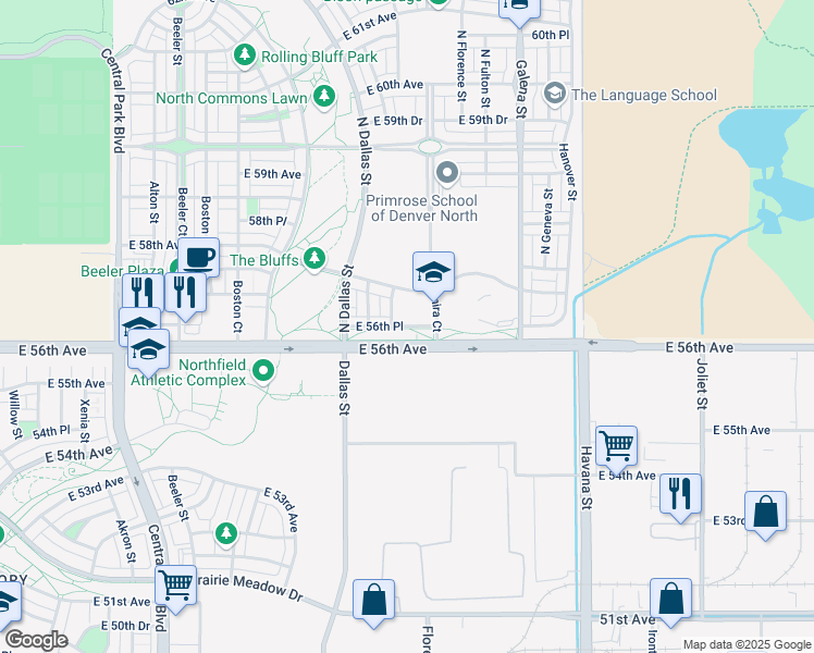 map of restaurants, bars, coffee shops, grocery stores, and more near 9787 East 56th Place in Denver