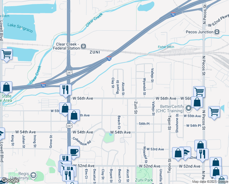 map of restaurants, bars, coffee shops, grocery stores, and more near 5661 Clay Street in Denver
