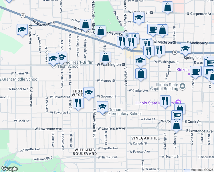 map of restaurants, bars, coffee shops, grocery stores, and more near 303 South Glenwood Avenue in Springfield