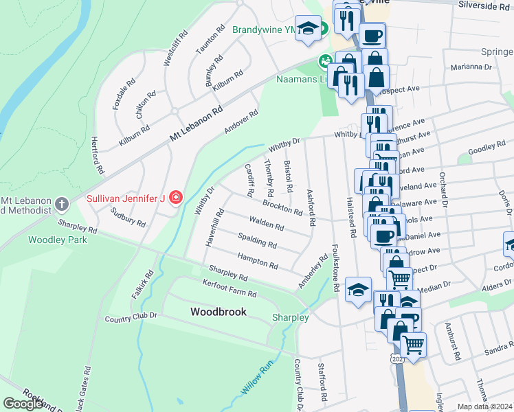 map of restaurants, bars, coffee shops, grocery stores, and more near 322 Brockton Road in Wilmington