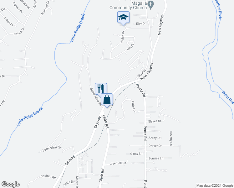 map of restaurants, bars, coffee shops, grocery stores, and more near 9262 Skyway in Paradise