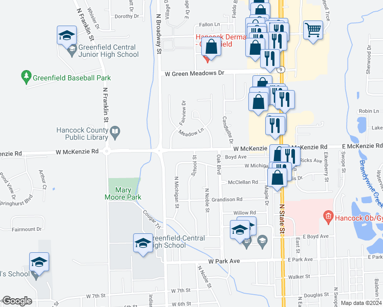 map of restaurants, bars, coffee shops, grocery stores, and more near 1114 School Street in Greenfield