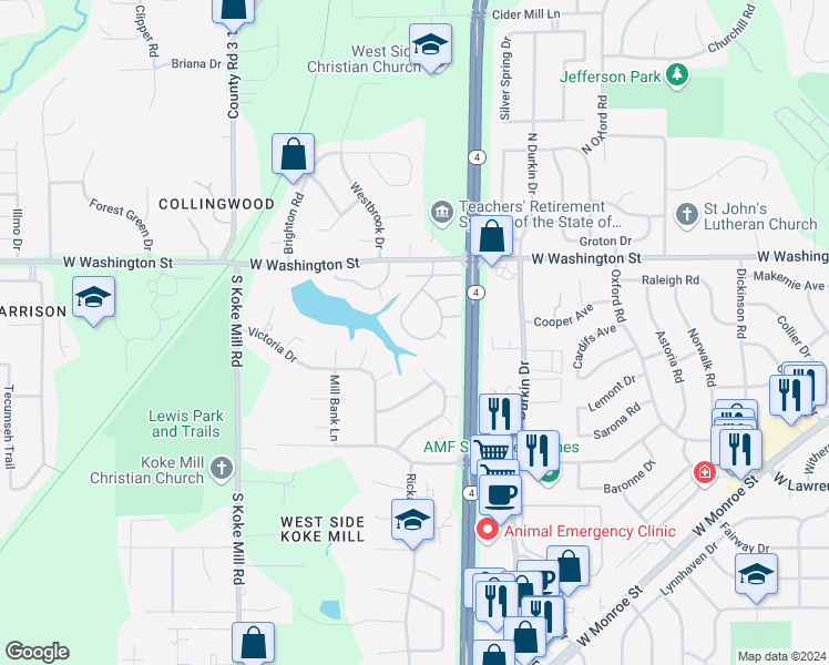map of restaurants, bars, coffee shops, grocery stores, and more near 10 Trailridge Lane in Springfield