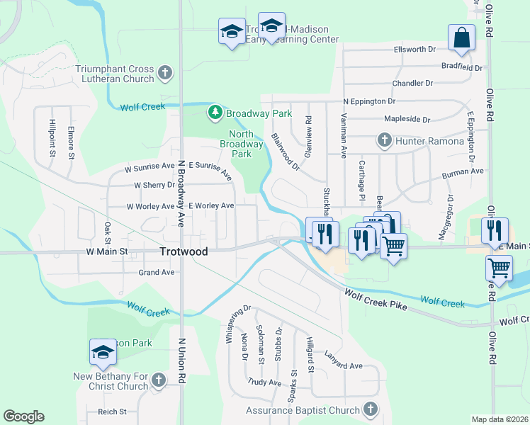 map of restaurants, bars, coffee shops, grocery stores, and more near 315 Hillview Court in Dayton
