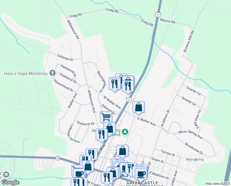 map of restaurants, bars, coffee shops, grocery stores, and more near 500 North Antrim Way in Greencastle