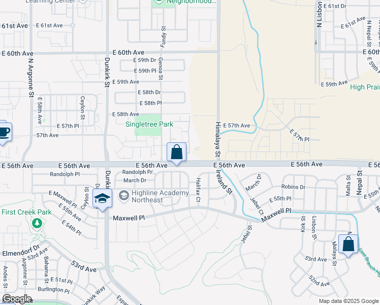 map of restaurants, bars, coffee shops, grocery stores, and more near 5723 North Gibralter Way in Aurora