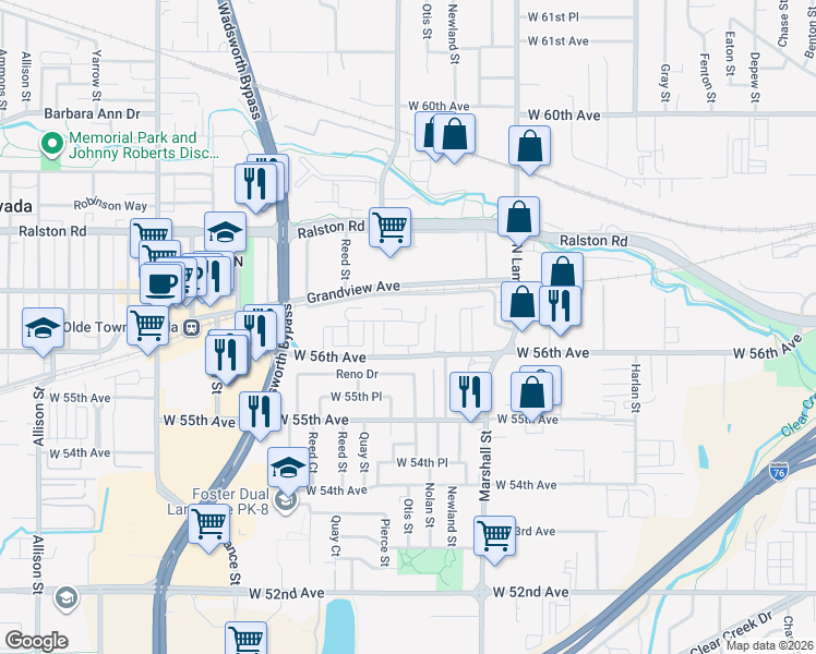 map of restaurants, bars, coffee shops, grocery stores, and more near 6765 West 56th Avenue in Arvada