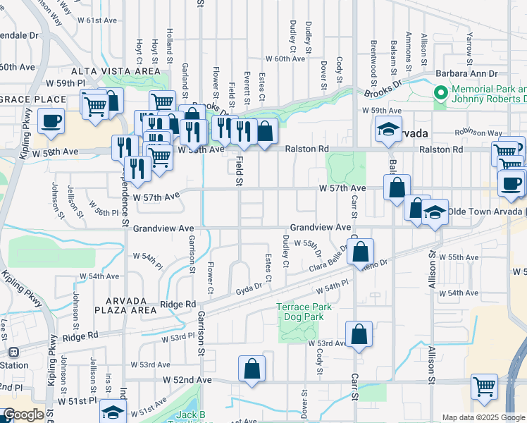 map of restaurants, bars, coffee shops, grocery stores, and more near 5650 Everett Street in Arvada