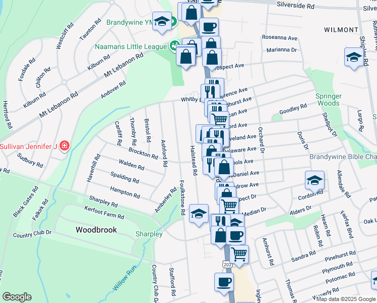 map of restaurants, bars, coffee shops, grocery stores, and more near 705 Halstead Road in Wilmington