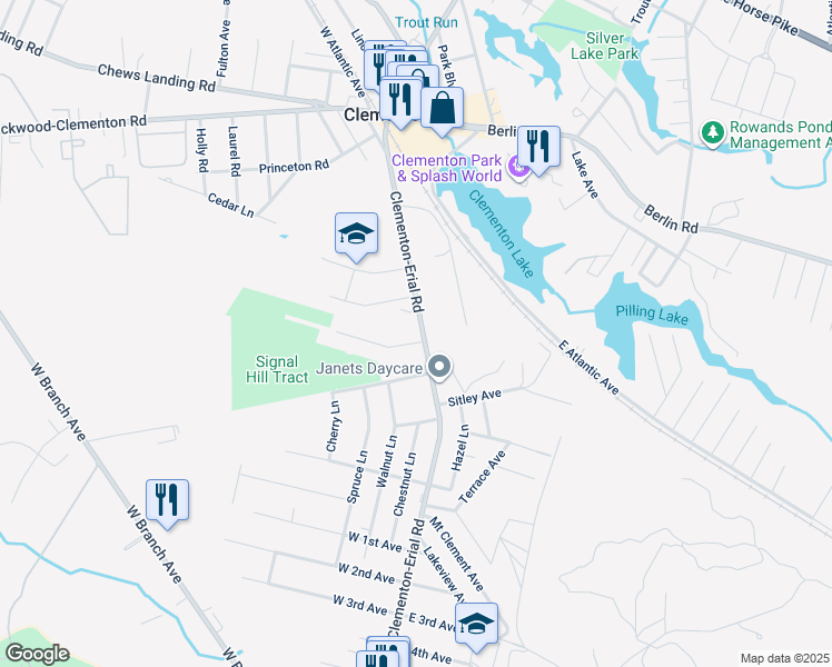 map of restaurants, bars, coffee shops, grocery stores, and more near 120 Erial Road in Clementon