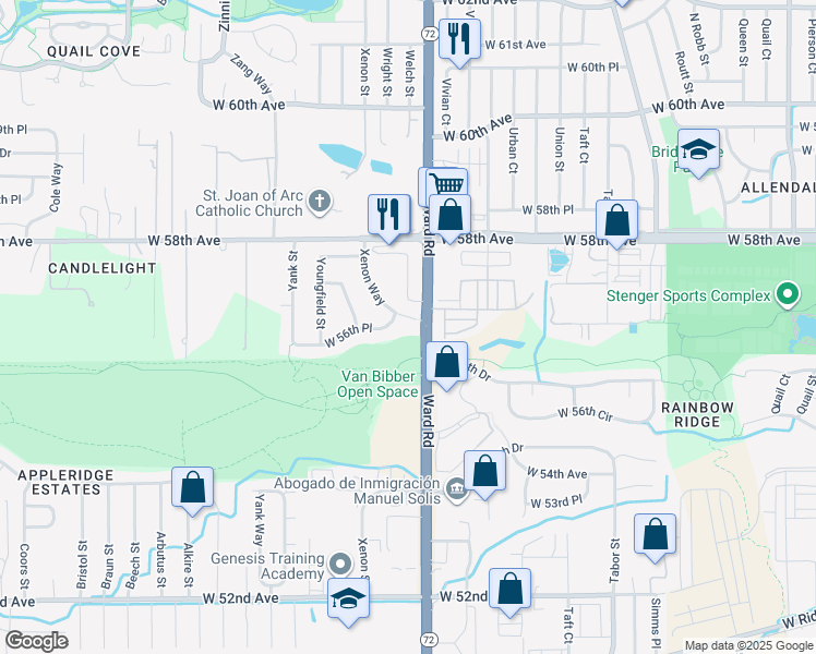 map of restaurants, bars, coffee shops, grocery stores, and more near 5675 Ward Road in Arvada