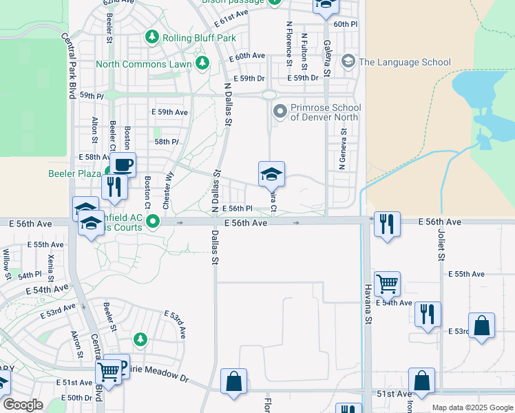 map of restaurants, bars, coffee shops, grocery stores, and more near 9821 East 56th Place in Denver