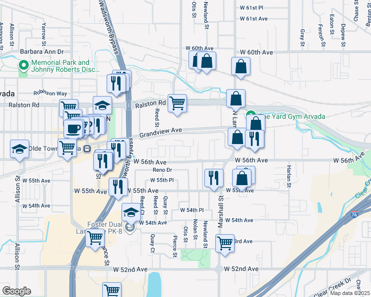 map of restaurants, bars, coffee shops, grocery stores, and more near 6765 West 56th Avenue in Arvada