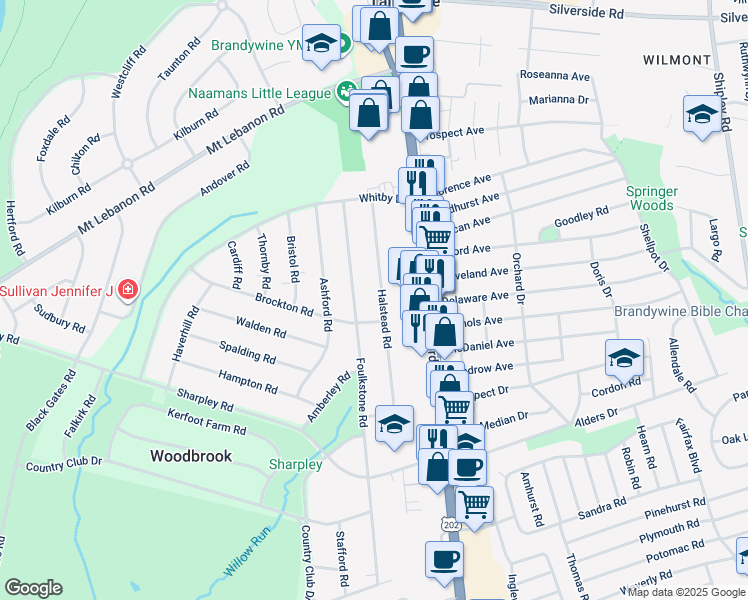 map of restaurants, bars, coffee shops, grocery stores, and more near 705 Halstead Road in Wilmington