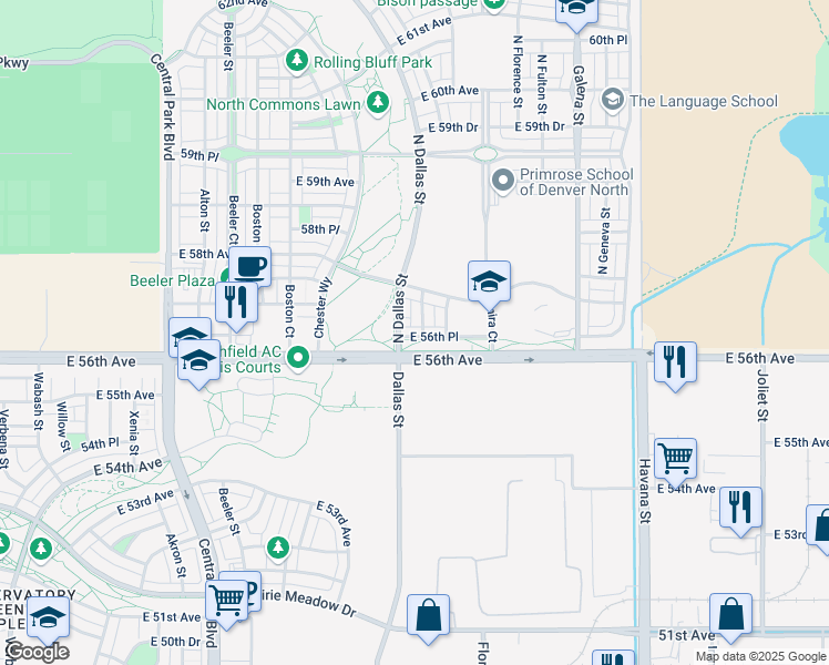 map of restaurants, bars, coffee shops, grocery stores, and more near 9677 East 56th Place in Denver