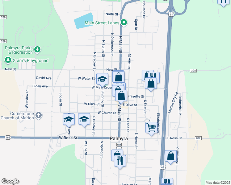 map of restaurants, bars, coffee shops, grocery stores, and more near 120 South Main Street in Palmyra