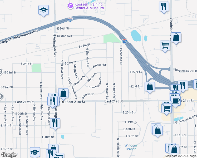 map of restaurants, bars, coffee shops, grocery stores, and more near 6222 Commodore Drive in Indianapolis