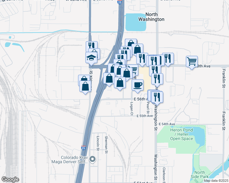map of restaurants, bars, coffee shops, grocery stores, and more near 350 E 57th Ave in Denver