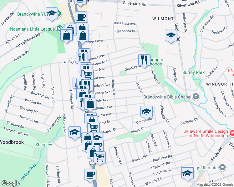 map of restaurants, bars, coffee shops, grocery stores, and more near 307 Delaware Avenue in Wilmington