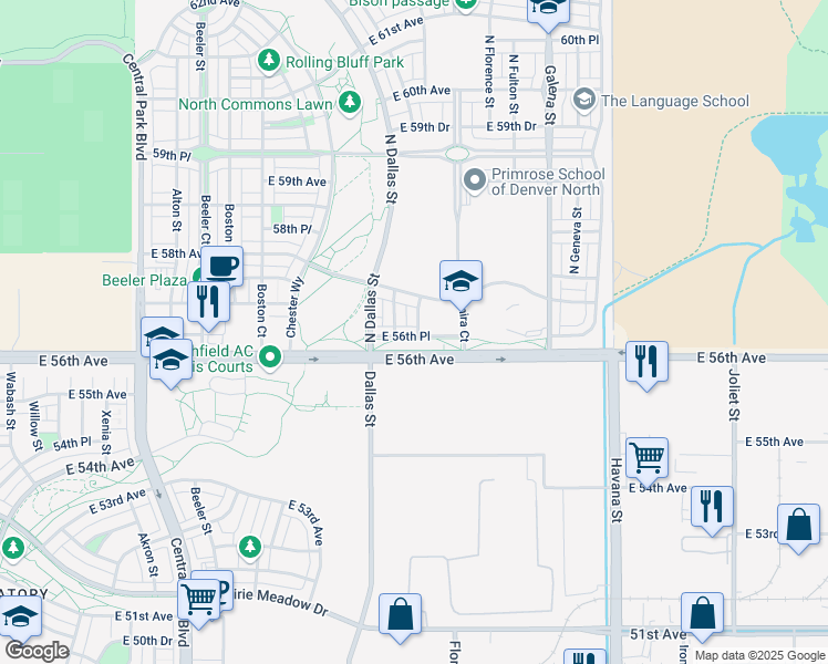 map of restaurants, bars, coffee shops, grocery stores, and more near 9787 East 56th Place in Denver