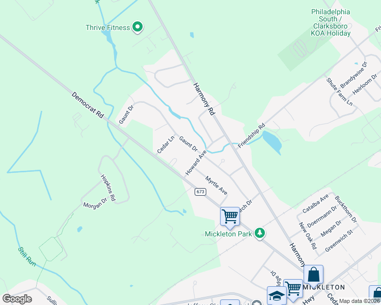 map of restaurants, bars, coffee shops, grocery stores, and more near 105 Gaunt Drive in Mickleton