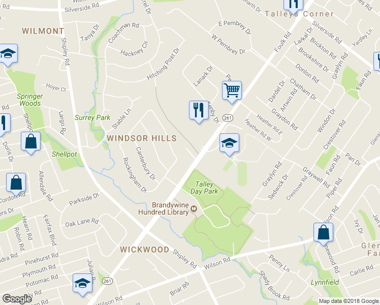 map of restaurants, bars, coffee shops, grocery stores, and more near 6 Stones Throw Road in Wilmington